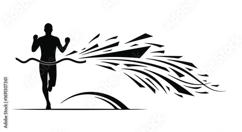 Silhouette of a runner crossing the finish line with a burst of energy and triumph.