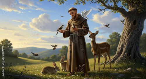 Fototapeta Naklejka Na Ścianę i Meble -  Saint Francis of Assisi with Animals in Nature.