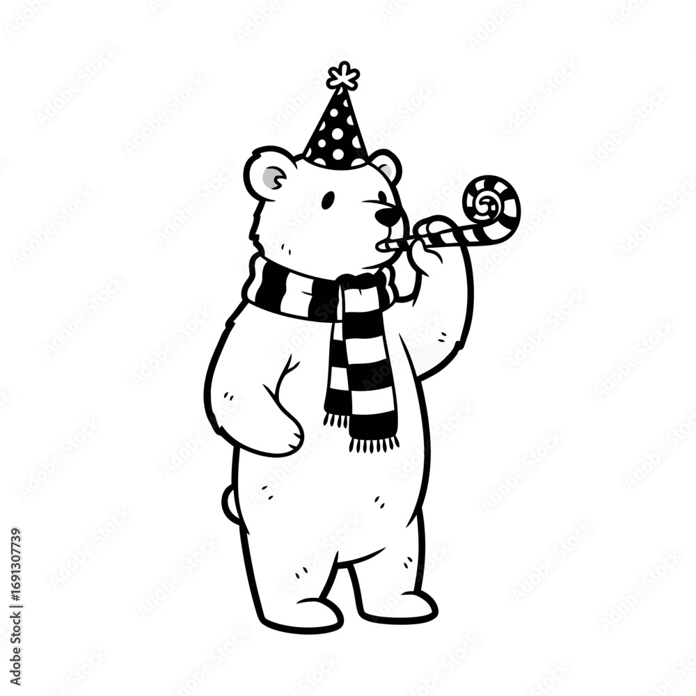 Fototapeta premium Cartoon Bear Celebrates with Party Hat and Noisemaker