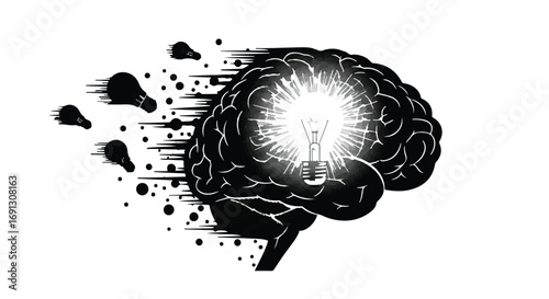 Brilliant idea explodes from a black brain silhouette, symbolizing creativity and innovation.