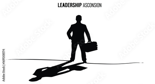 Silhouette of determined businessman with briefcase, casting a long shadow representing ambition and leadership.