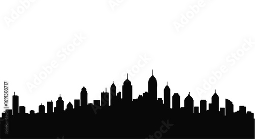 Modern city skyline silhouette against a bright white background