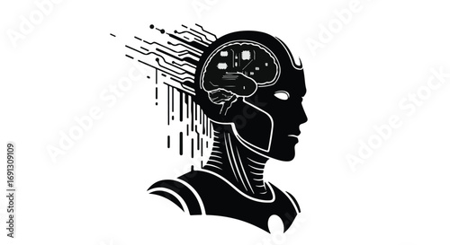 Futuristic robot head with glowing digital brain and data streams flowing outwards