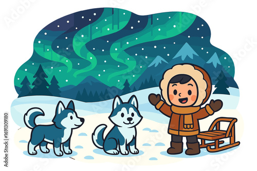 Arctic adventure with child and husky dogs under the northern lights. Winter wonderland cartoon illustration. Snow landscape with mountains, trees, and sled for kids.