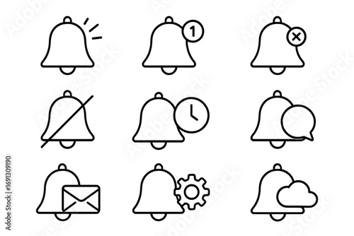 Notification bell vector icon set. Line art symbols for web and mobile app UI design. Includes new message, alert, mute, settings, email, and reminder icons. Editable stroke.