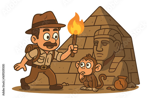 Cartoon adventurer explores ancient Egyptian pyramid and sphinx with a torch. Archeologist character on a treasure hunt with a curious monkey. Vector discovery scene.