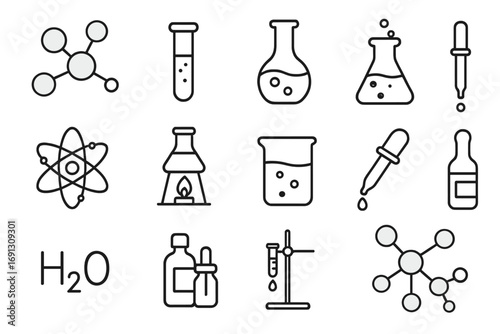 Chemistry science line icon set. Laboratory equipment and research symbols. Outline collection of molecule, atom, test tube, flask, beaker, and pipette vector illustrations.