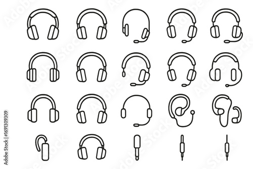 Headphones and headset line icon set. Big collection of audio, music, and gaming symbols. Vector illustrations for web and apps. Includes call center support icons. Editable stroke.