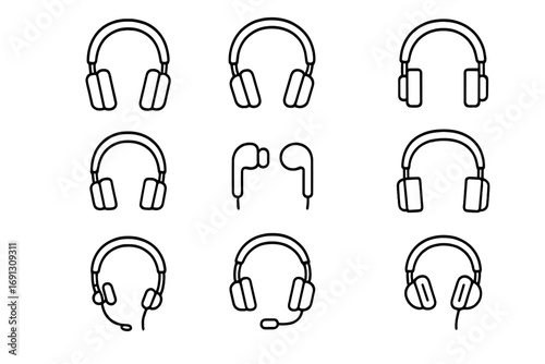 Headphone and headset line icon collection. Earbuds, earphones, customer support, and call center symbols. Audio, music, podcast, and sound listening vector icons set.