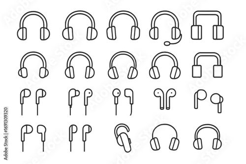Headphones and earbuds thin line icon set. Headset for gaming and call center. Audio equipment for music and podcast. Editable stroke vector outline graphic element.
