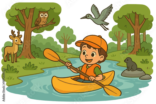 Child kayaking adventure in nature. Cute cartoon boy paddles on forest river, watching wildlife like deer, owl, bird. Kid in boat. Summer camp outdoor activity. Vector.