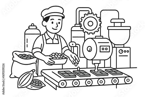 Chocolate factory worker on a candy production line with cocoa beans and machines. Food industry, manufacturing process. Confectionery and sweet dessert creation line art.