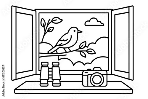 Birdwatching from home concept with open window view. Bird on a tree branch, binoculars and camera on the windowsill. Ornithology, wildlife observation hobby vector illustration.