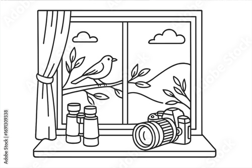 Birdwatching hobby concept. View from window with binoculars and camera for wildlife photography. Bird on a tree branch outside. Ornithology and nature observation vector line art.