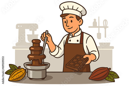 Chocolatier man at work in a pastry kitchen. Professional confectioner character making handmade gourmet chocolate. Vector cartoon illustration of a chef with a chocolate fountain.