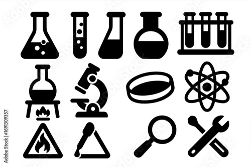 Science icon set. Laboratory equipment and chemistry tools silhouettes. Vector collection for biology research, physics experiment. Flask, test tube, microscope, atom, warning.
