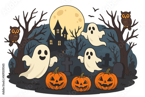 Spooky Halloween night scene with cartoon ghosts, owls, and jack-o'-lantern pumpkins. Vector illustration of a haunted house in a scary cemetery with a full moon.