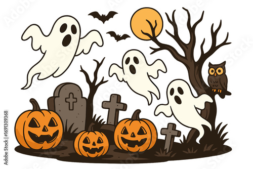 Cute Halloween vector graphic set. Spooky cartoon characters in a night cemetery scene. Funny ghosts, jack o'lantern pumpkins, owl, bats, moon, tombstones and creepy tree.