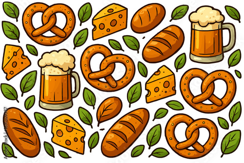 Oktoberfest seamless pattern with beer, pretzels, cheese, and bread. German food and drink vector cartoon illustration. Traditional Bavarian festival background design for pub menu.