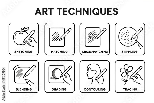 Art techniques linear icon set. Drawing methods guide for artists. Creative illustration lesson with sketching, hatching, stippling, blending, shading, contouring, tracing.