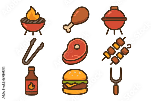 Barbecue grill icon set with food and cooking elements. Vector cartoon illustration of summer BBQ party items like steak, hamburger, chicken leg, and kebab skewers.