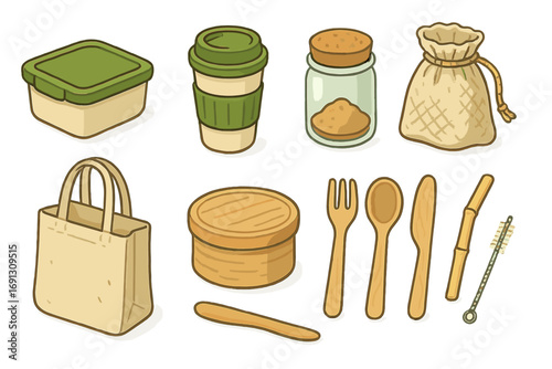 Eco-friendly kitchen essentials set. Sustainable lifestyle items like reusable containers, coffee cup, wooden utensils, bamboo straw, and tote bag. Zero waste vector concept.