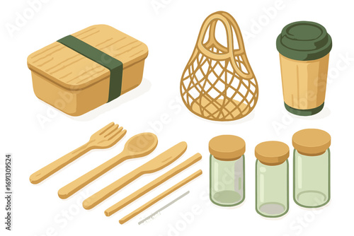 Eco-friendly kitchen essentials for sustainable living. Zero waste lifestyle concept with reusable containers, bamboo cutlery, bento box, coffee cup and string bag isometric set.