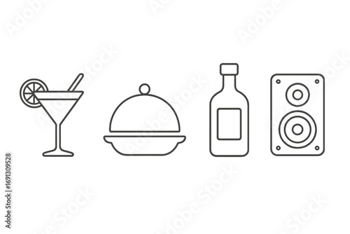Party and event icon set with editable strokes. Line art collection of cocktail, food cloche, alcohol bottle, and music speaker. For bar, restaurant, web, and app design.