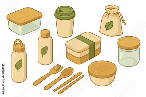 Eco-friendly kitchen essentials for sustainable zero waste living. Isometric set of reusable container, bento lunch box, bottle, wooden utensil, and cup. Vector illustration.