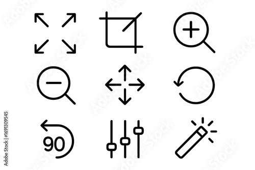 Editing tools line icon set. Photo and video editor simple outline pictograms. UI UX design elements. Resize, crop, zoom, rotate, adjust, filter, move, magic wand symbols.