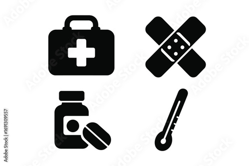 Emergency medical icon set. First aid kit, adhesive bandage, pills, and thermometer symbols. Healthcare, pharmacy, and treatment concept. Simple flat vector glyph illustration.