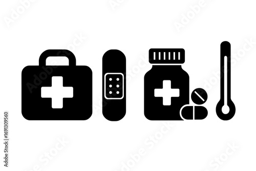 Medical icon set for emergency and first aid. Health care symbols in silhouette style. First aid kit, medicine bottle, pills, bandage and thermometer. Pharmacy and hospital.