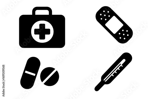 Emergency medical icon set with first aid kit, bandage, medicine pills, and thermometer. Healthcare concept symbols for hospital, clinic, or pharmacy in simple silhouette style.