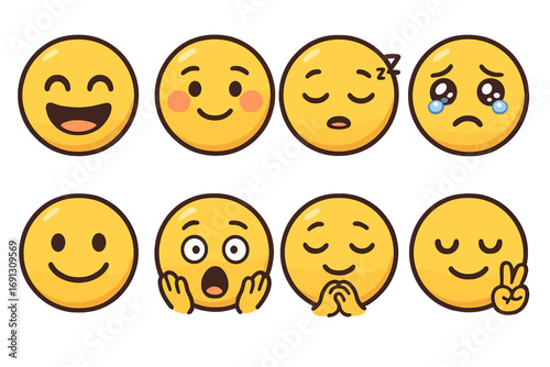 Emotional expression emoji set. Vector cartoon faces showing joy, blush, sleepy, tearful, smile, panic, hope, peace. Cute yellow emoticon character icon collection.