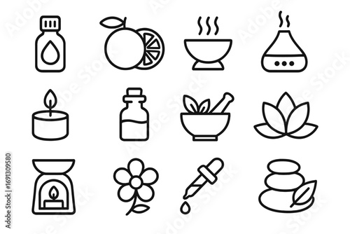 Aromatherapy and essential oils line icon set. Wellness, spa and health symbols collection. Vector illustration of relaxation, beauty and cosmetic concepts for a zen life.