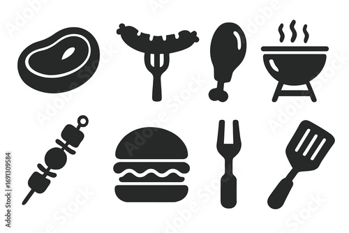 Barbecue and grill solid icon set with steak, food, and bbq elements. Vector illustration collection of glyph symbols for cooking, picnic, meat, sausage, and hamburger.