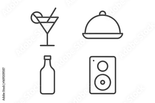 Party and restaurant thin line icon set. Minimalist pictograms of cocktail, food cloche, bottle, and music speaker. Vector symbols for hospitality, bar, events, and apps.