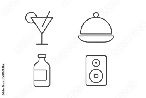Party and celebration icon set. Minimalist thin line symbols for events. Cocktail drink, restaurant food service cloche, alcohol bottle and music speaker vector pictograms.