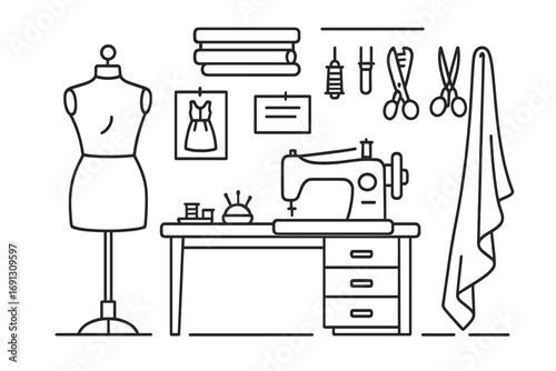 Fashion design studio in linear style. Vector illustration of a tailor's workshop with sewing machine, mannequin, and dressmaking tools. Atelier interior concept for craft.