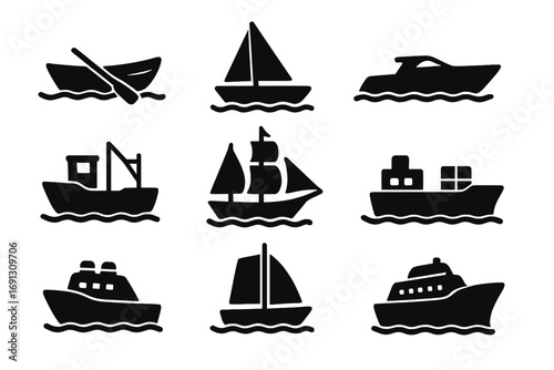 Boat and ship silhouette icon set. Marine nautical sailing symbols collection. Vector illustration of various water transport like yacht, cargo ship, fishing boat, sailboat.