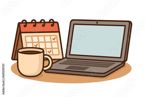 Remote work setup with laptop and coffee for virtual meetings. Home office concept for productivity. Business planning schedule, agenda or deadline vector illustration.