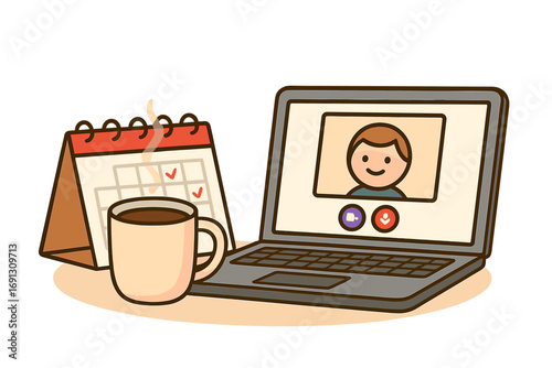Remote work setup with laptop for virtual meeting or video conference. Home office workspace with calendar schedule and coffee. Online communication and webinar concept.