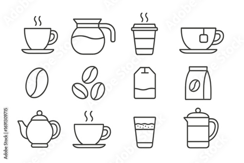 Coffee and tea vector line icons. Minimalist outline symbol set for cafe menu. Includes hot drink, cup, mug, pot, coffee beans, teapot, teabag, latte, french press pictogram.