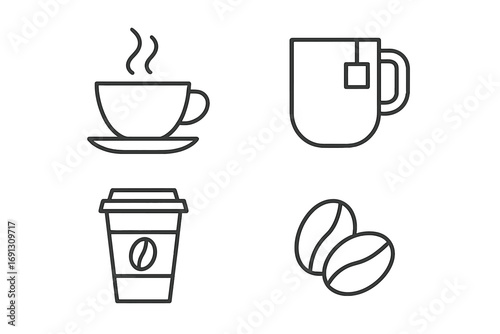 Coffee and tea icon set. Line art symbols for hot drinks. Vector outline collection with cup, mug, beans, and teabag. Minimalist pictograms for cafe menu, web, or app design.