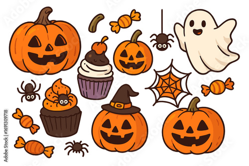 Halloween cartoon vector set with jack o'lantern pumpkins, cute ghost, spooky cupcakes, spiders and candy. Isolated trick or treat clipart collection for party decoration.