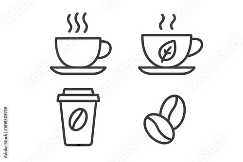 Coffee and tea line icon set. Vector outline symbols for hot drink, cup, mug, takeaway paper cup, and coffee beans for a cafe menu, beverage sign, mobile app, and web design.
