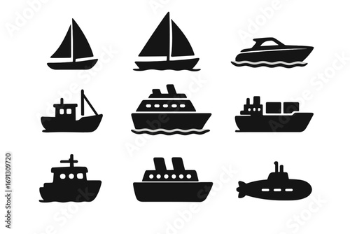 Boat and ship silhouette icon set. Marine nautical transport symbols. Vector collection of water transportation signs like sailboat, yacht, cargo ship, cruise liner and submarine.