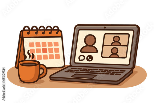 Remote work and virtual meeting concept. Home office setup with laptop for video conference call. Online communication and business technology. Workspace with coffee and calendar.