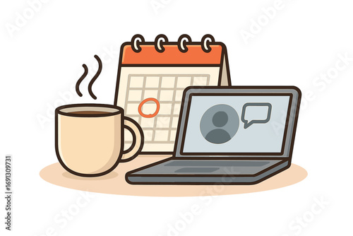 Remote work concept. Home office workspace with laptop for virtual meeting, coffee cup, and calendar for scheduling appointments. Business communication vector illustration.
