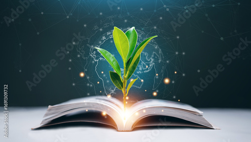 Creative for sustainable knowledge and education concept. A green plant sprouting from an open book. Symbolizing growth, learning, eco future and innovation with digital technology.